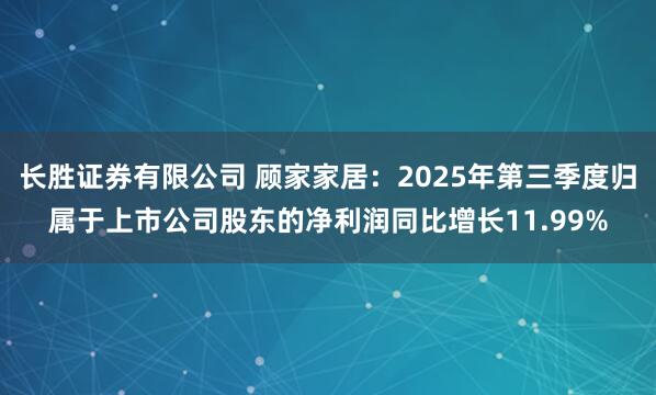 长胜证券有限公司 顾家家居：2025年第三季度归属于上市公司股东的净利润同比增长11.99%